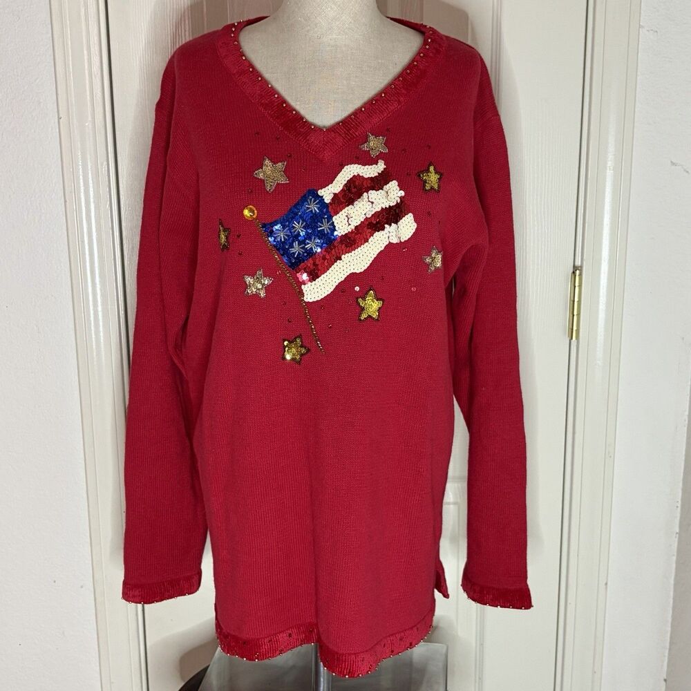 Quacker Factory Patriotic Flag Fourth Of July Sweater W/Sequins Women’s Large